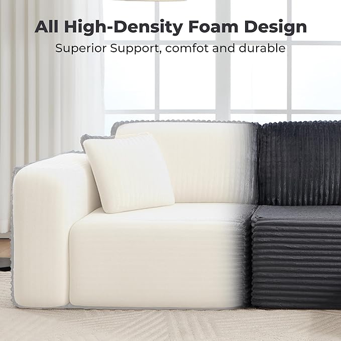 L-Shaped Boneless Modular Sectional Sofa 107 Modern Corduroy Upholstery Couch with Chaise for Living Room 3-Seater Cloud Couches with Deep Seat No Assembly Right Facing Chaise Dark Grey