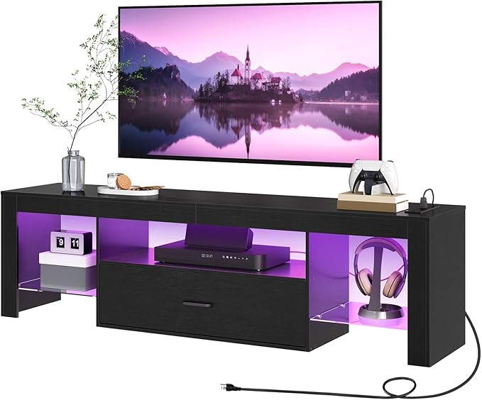 HOOBRO LED TV Stand with Power Outlets to 65 inch TV Gaming Entertainment Center with Glass Shelves and Large Drawer Modern Media TV Console Table for Living Room Bedroom Black BB160UDDS01G1