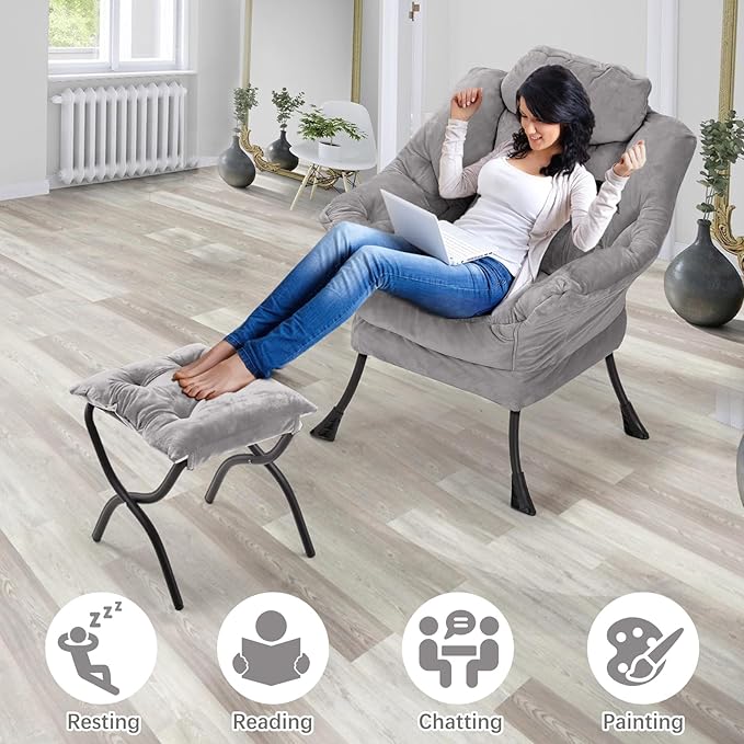 Lazy Chair with Folding OttomanLeisure Sofa ChairSoft Fabric Armchair with Armrests and Side Pockets Reading Chair with Footrest for Living Room Bedroom Office (Plush Light Grey)