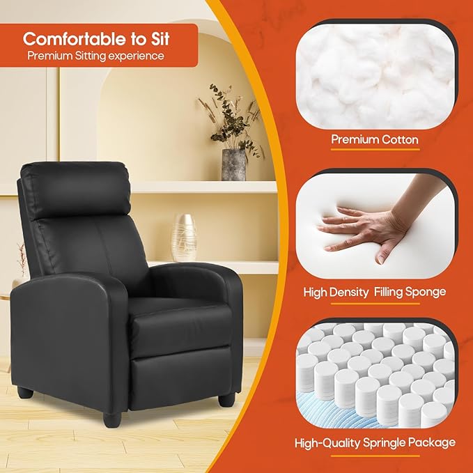 Recliner Chair PU Leather Recliner Sofa Home Theater Seating with Lumbar Support Overstuffed High-Density Sponge Push Back Recliners Armchair for Living RoomBlack