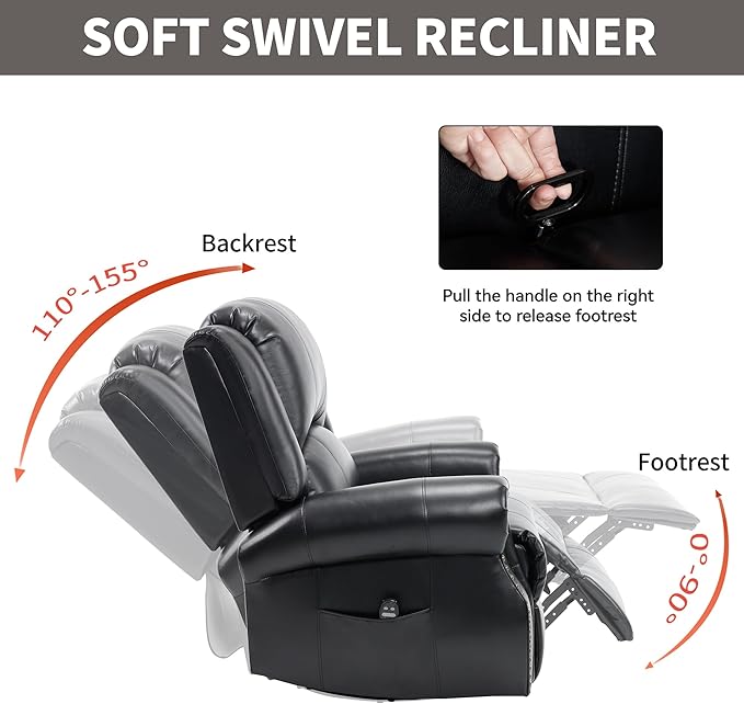 PELUMY Breathable Leather Swivel Rocking Recliner Chair for Adults 360° Swivel Glider Rocker with Heat &amp Vibrating Massage Lounge Chair for Living Room Bedroom Nursery (Black)