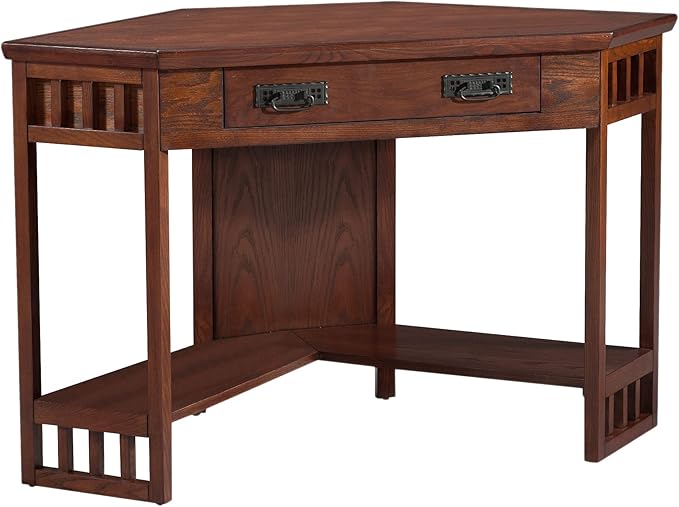Leick Home 82430 Mission Corner Desk Writing Computer Desk with Drop Front Keyboard Drawer for Home Office Solid Wood Mission Oak