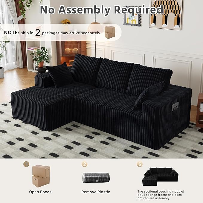 96 Cloud Sectional Couch with L-Shape Chaise4 Seat Modern Modular Sofa with Side Pockets Fluffy Upholstered Couches for Living Room Bedroom Memory Foam Corduroy Boneless CouchNo Assembly Required