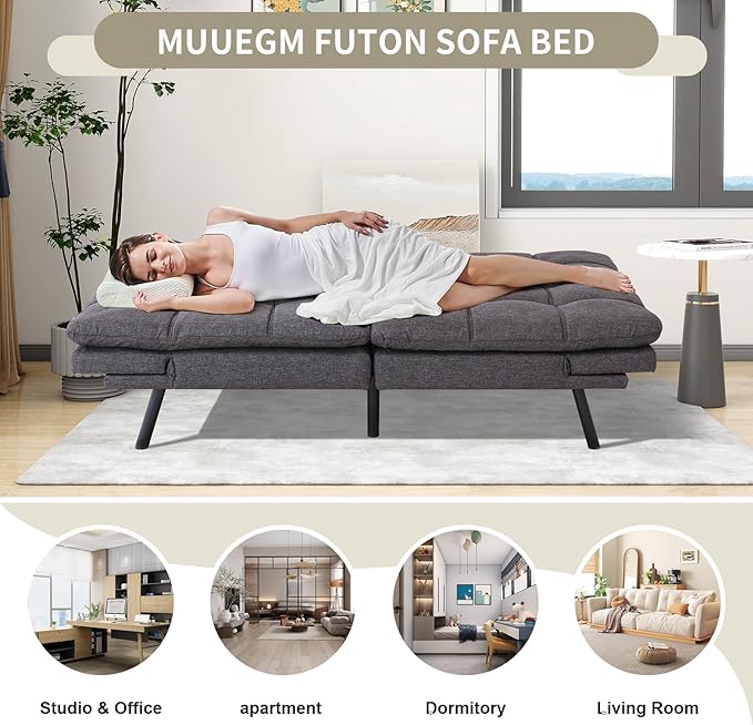 MUUEGM 71 Futon Couch Filled with Memory Foam Convertible Futon Sofa Bed with Adjustable Backrest Armrest Folding Futon for Living Room Small Space Loveseat for Sleeper(Fabric Dark Gray)