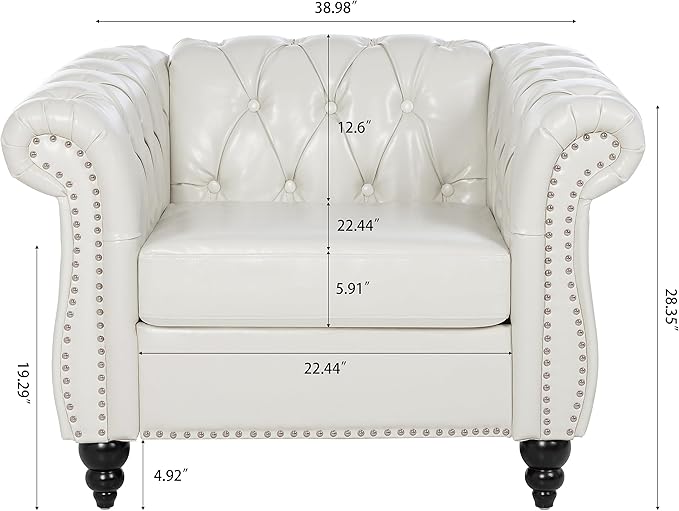 38.98''Single Chesterfield Sofa Mid Century Modern Tufted Sofa Chair with Rolled Arms and Nailhead Upholstered Leather Accent Chair with Solid Wood Legs for Living Room Office White PU
