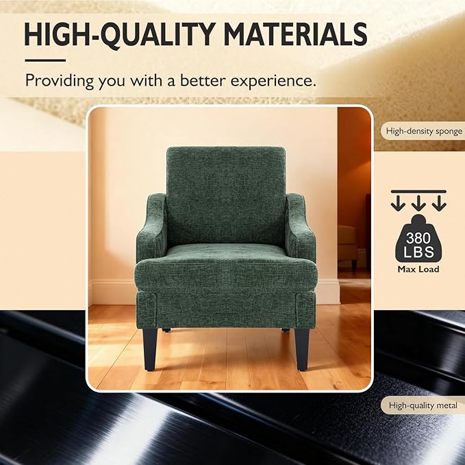 Accent Chair for Living Room Upholstered Living Room Chair with Side Pockets Comfy Accent Chairs for Bedroom Mid Century Modern Armchair for Office Apartment Waiting Room Club (Green)