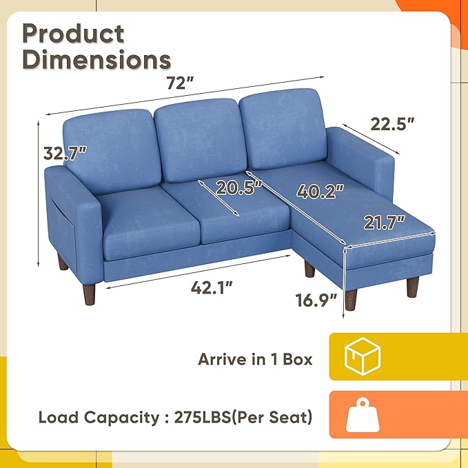 YESHOMY Couches for Living Room Sofa with Movable Ottoman Small Couch with Reversible Chaise and Side Pockets L Shaped Couch for Small Space Apartment (Linen Fabric Blue)