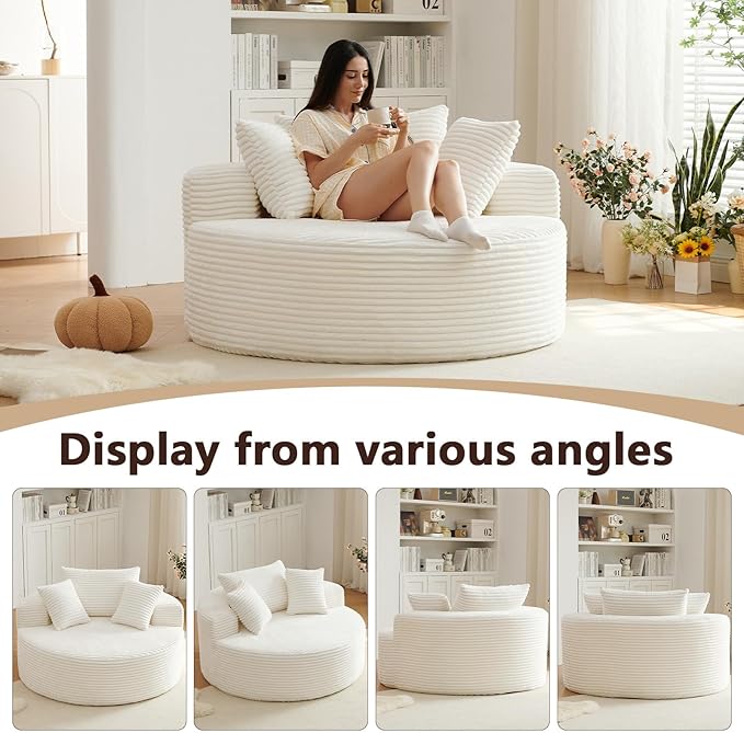 55'' Oversized Round Chair Lounge Chaise Indoor Cloud Boneless Large Circle Chair with Plush Corduroy No Assembly Required Fluffy Modern Sleeper Sofa Bed for Reading Living Room Bedroom(White)