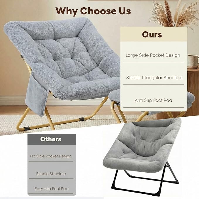 Folding Saucer Chair Comfy Reading Chair with Ottoman Plush Faux Fur Lounge Chair for Small Space Bedroom Dorm Living Room X-Large Lazy Chair for Adults Teens Kids