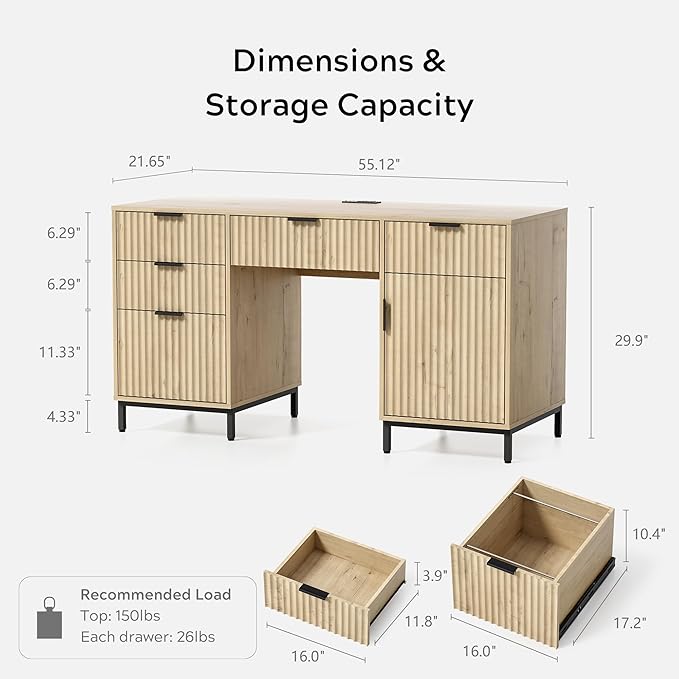 55 Fluted Executive Desk Modern Home Office Desk with Charging Station Keyboard Tray File Drawer Storage Cabinet for Work Study Writing Desk Light Oak