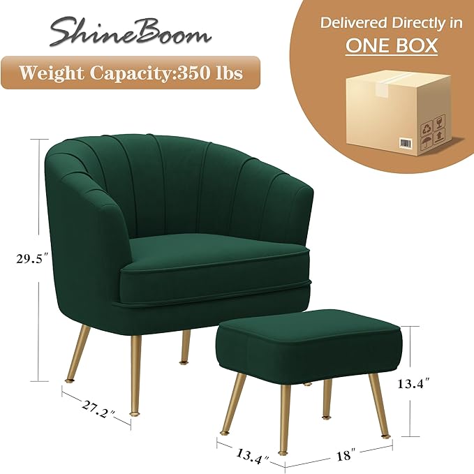 Velvet Accent Chairs with Ottoman for Living Room Bedroom Office Leisure Upholstered Single Sofa Chair Arm Chair Comfy Chair Reading Club Coffee Chair with Metal Legs Green