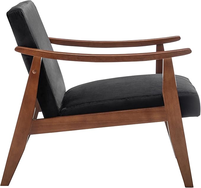 Accent Chair with Velvet Upholstery and Solid Wood Frame Classic Mid-Century Modern Living Room Furniture for Extra Seating Black
