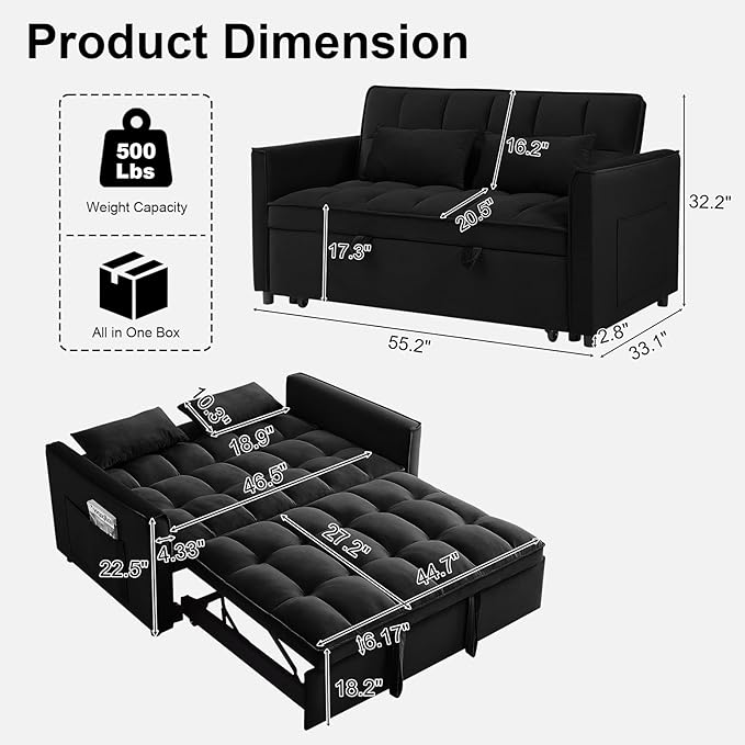 3 in 1 Convertible Sofa Bed Pull Out Couch with Adjustable Backrest Velvet Sleeper Sofa Loveseat with Pillows and Side Pockets for Living Room Bedroom Apartment Black