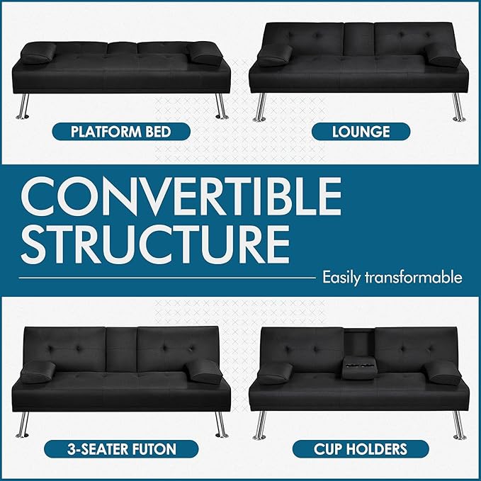 Convertible Folding Futon Sofa Bed with Metal Legs &amp 2 Cupholders Modern New Upholstered Couch Loveseat Sleeper Folding Couches Bed Removable Armrests for Small Spaces (Black)