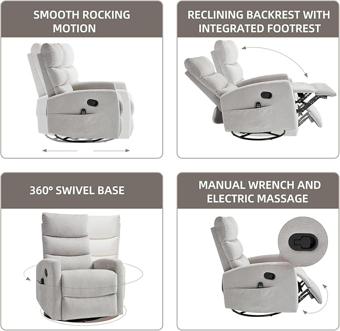 PELUMY 360° Swivel Rocker Recliner with Heat &amp Vibration Massage Glider Rocking Chair for Adults Compact Recliner for Living Room Small Spaces Nursery Bedroom (Chenille Light Grey)