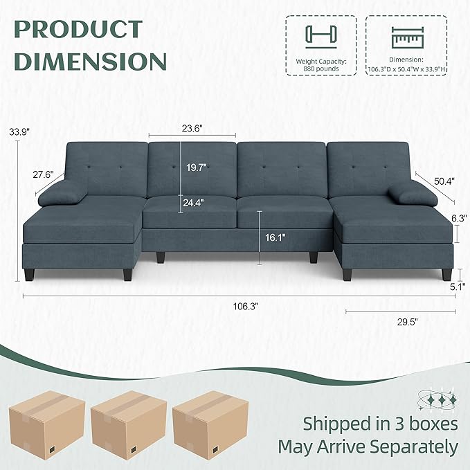 Vongrasig Sectional Couches for Living Room U-Shaped Sofa with Chaise 4-seat Large Sectional Modern Couch for Living Room Apartment (Gray)
