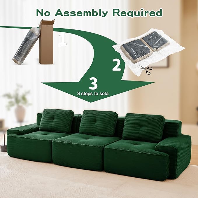 117 Modern Compressed Boneless Couch 3 Seater Sectional Couches for Living Room Green Corduroy Cloud Modular Sectional Sofa Comfy Memory Foam Extra Deep Sofas para Sala No Assembly
