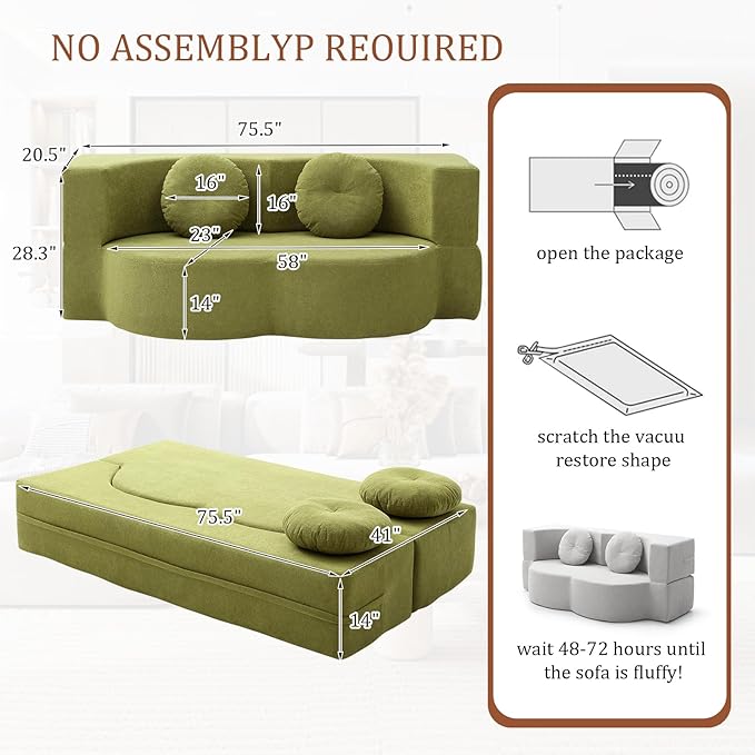 Convertible Folding Sofa Bed 75.5 Boneless Cloud Couch Loveseat Floor &amp Futon Lounge Sleeper Couches Lychee Velvet for Living Room Office Small Spaces No Assembly Required Green