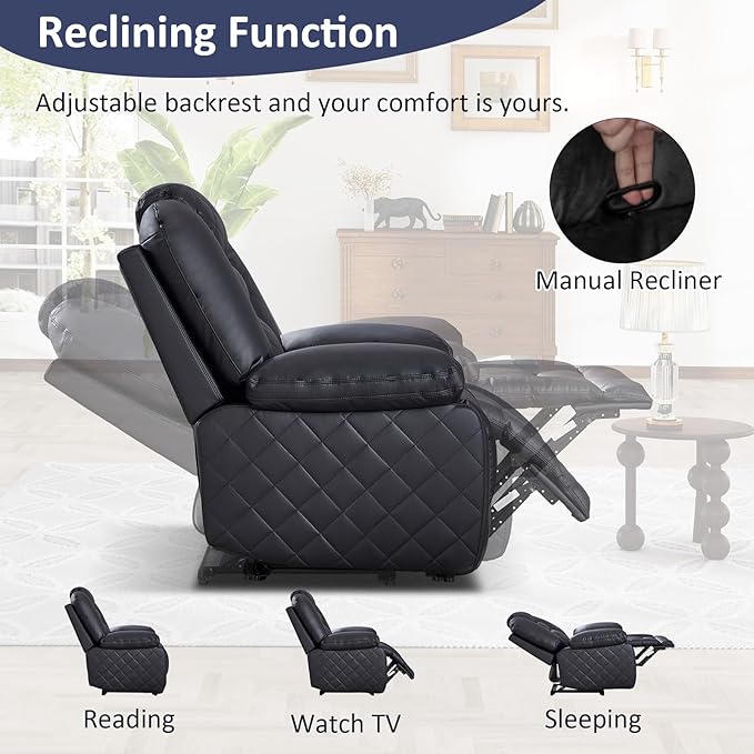 CANMOV Faux Leather Manual Recliner Chair Single Sofa Chair with Comfortable Armrest and Backrest Home Theater Seating for Living Room Bedroom Black