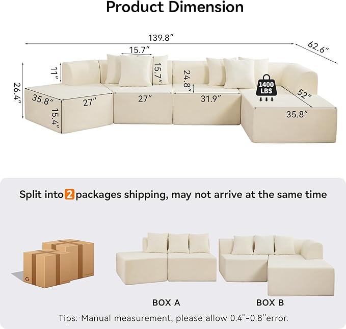 140''Oversized Cloud Velvet Curved Sectional Couch Boneless Couch with L-Shape Chaise Upholstered Compression Memory Foam Modular Sectional Sofa for Living Room No Assembly Required Beige