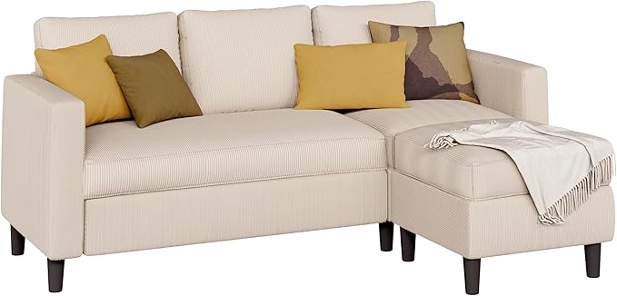 Shintenchi Small Sectional Sofa CouchesL Shape Convertible Sofa with Ottoman3 Seat Comfy Corduroy Upholstered Sofa CouchSmall Couch for ApartmentLiving Room and Office(Beige)