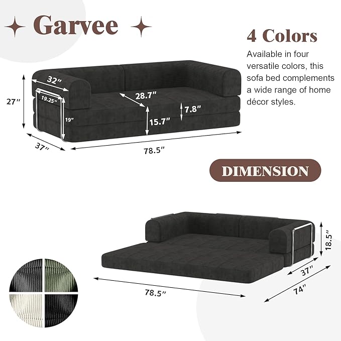 Convertible Corduroy Sleeper Sofa BedFolding Mattress Couch with Fixed-Shape Frame 3 Seater Fold Out King Size FutonNo Assembly Floor Couch for Living Room Dorm Studio 78.7*39.4*29.6 in Black