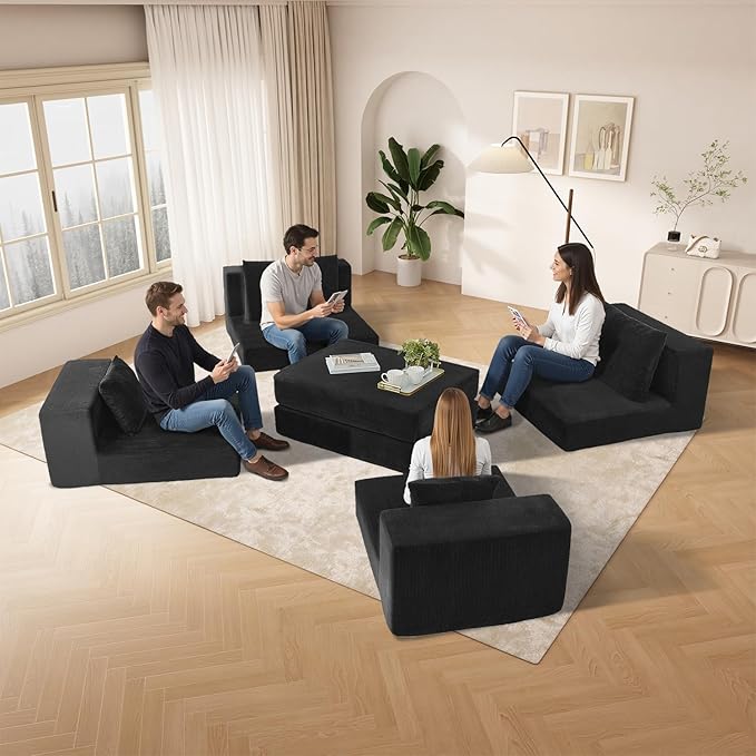79.5 Sectional Boneless Modular L-shaped Couches for Living Room Small Spaces Convertible Oversized Sleeper Sofa Bed-Luxury 1.5 Full Bed. Corduroy Futon Floor Couch with Non-Slip Base Black.