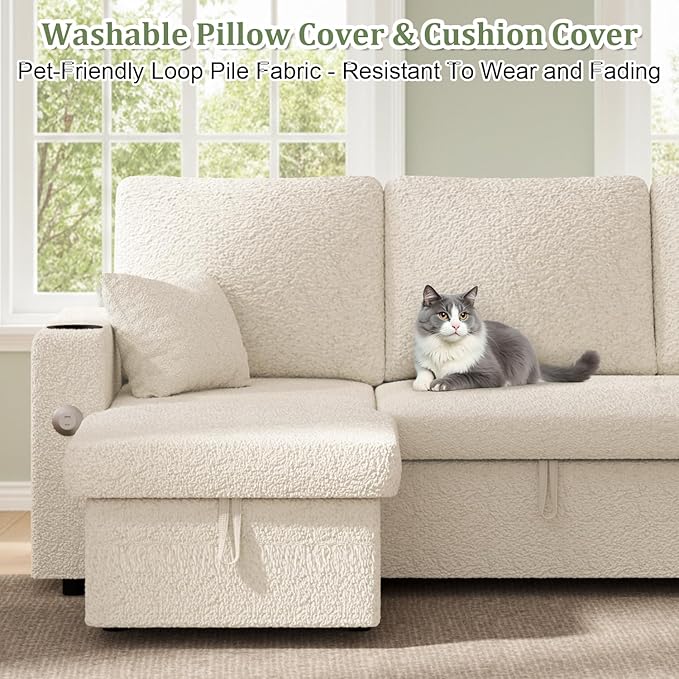 82 Inch L-Shape Sectional Couch 4-in-1 Multifunctional Pull-Out Couch Sleeper Sofa with Storage Chaise Charging Station Cup Holder for Living Room/Office/Apartment (White)