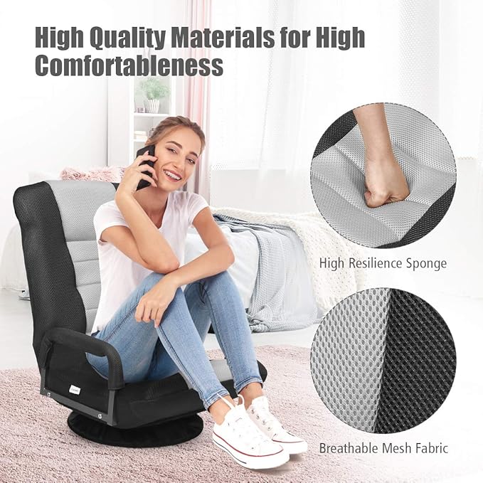Giantex Floor Chair 360 Degree Swivel Chair with Adjustable Backrest Lumbar Support Armrest Foldable Lazy Sofa Rocker for TV Reading Playing Video Games Black/Grey