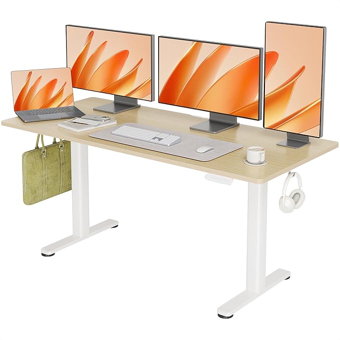INNOVAR Electric Standing Desk Adjustable Height Stand up Desks 63 x 24 Inches Sit Stand up Desk for Home Office Computing 3-Preset Memory Height Ergonomic Rising Desks Nature