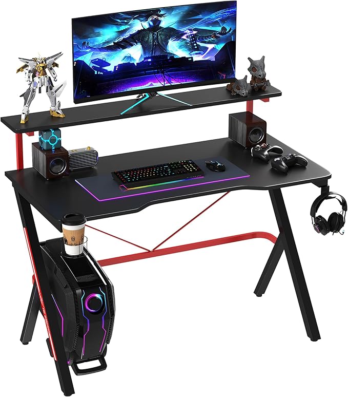 47 Inch Gaming Desk Racing Computer Desk Home Office Workstation with Elevated Monitor Shelf Rotatable Cup Holder Headphone Hook Black