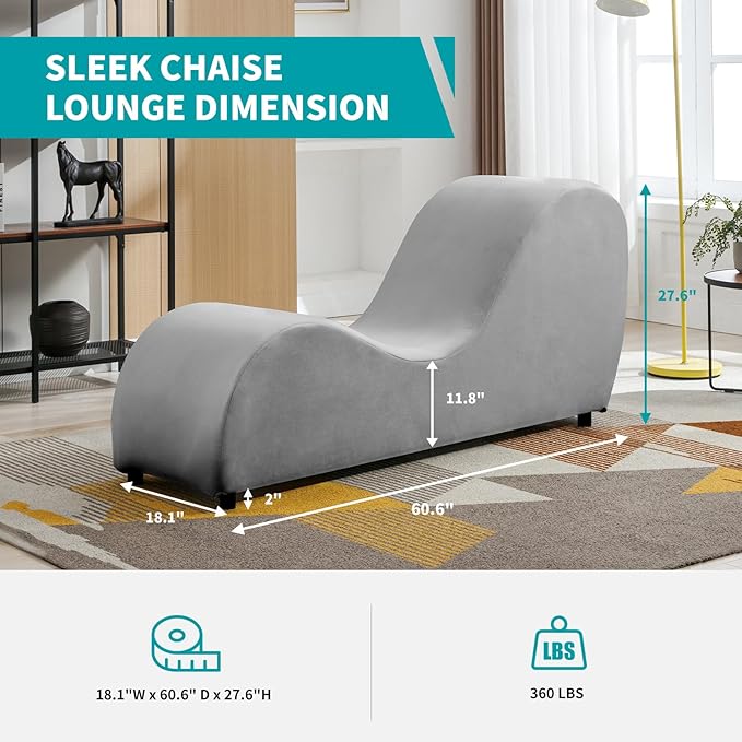 BALUS 60.6 Width Yoga Chaise Lounge Chair for Living Room Relaxing S-Shape Yoga Sofa Chair for Adults Office Yoga Stretching Velvet Yoga Chaise Lounges Indoor for Apartment Exercising Light Grey