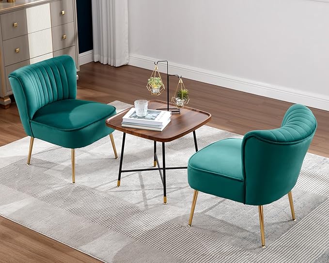 KCC Modern Velvet Upholstered Accent Chair Set of 2Mid Century Living Room Chairs with Golden LegsComfy Armless Chair Wingback Single Sofa Side Chair for BedroomDark Green