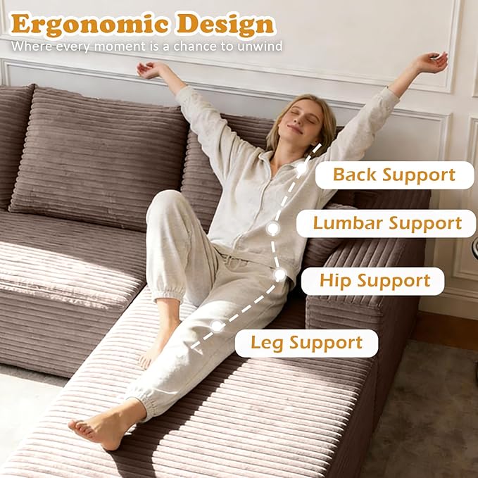 108 W Corduroy Sectional Boneless Cloud Couch with Chaise No Assembly Required L Shaped Modular Sectional Sofa Oversized Cozy Fluffy Sofa for Living Room (Camel Right Facing Chaise) | Compression