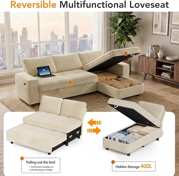 WEUP 81 Sectional Sofa with Pull Out Bed L Shaped 3 Seat Sleeper Sofa with Storage Adjustable Backrest USB Ports Tool-Free Assembly Plush Corduroy Sectional Couches for Living Room Beige | Brea