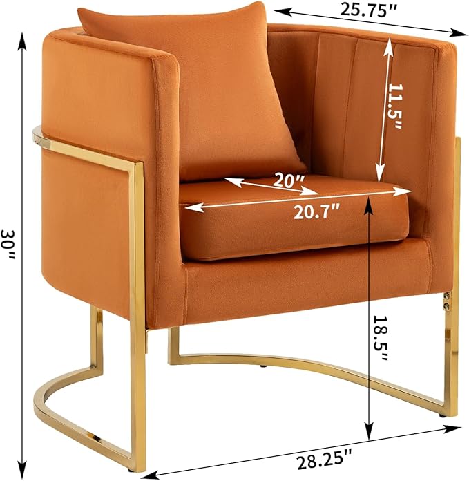 Velvet Modern Accent Chair Upholstered Barrel Armchair Mid Century with Pillow for Living Room Comfy Single Vanity Chair with Metal Gold Legs for Bedroom Orange