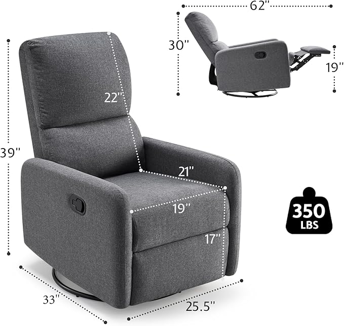 Jocisland Swivel Rocking Chair Nursery Glider Recliner Chairs for Adults Rocker for Living Room Bedroom Comfy Upholstered Modern Nursing Reclining Single Sofa Grey Linen (No Side Pockets)