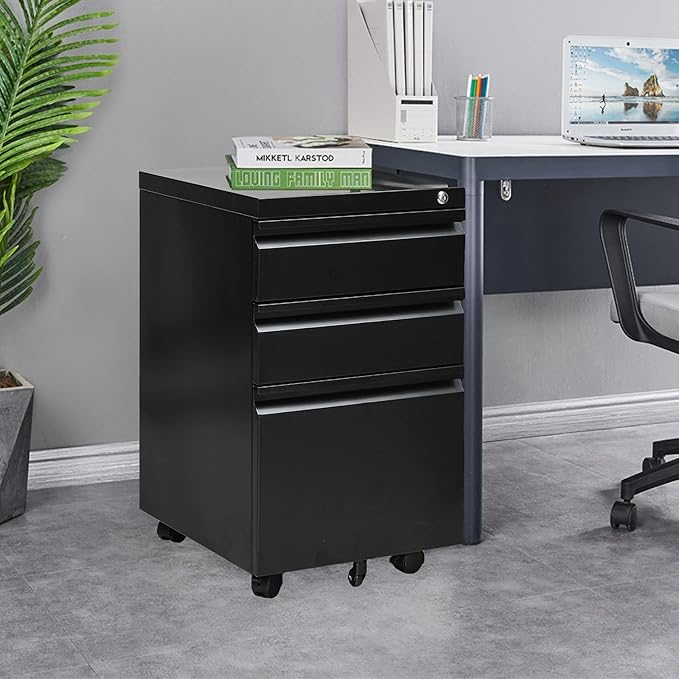Yiguo 3-Drawer Mobile File Cabinet with Lock Rolling Office File Cabinet Under Desk Metal Filing Cabinet with Wheels for Legal Letter A4 File Size (Black)
