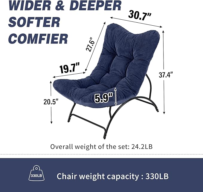 Welnow Accent Lounge Lazy Chair Comfy Soft Leisure Metal Frame Reading Chair Upholstered Thick Cushion Seated Recliner Sofa for Living Room Bedroom Dorm Navy
