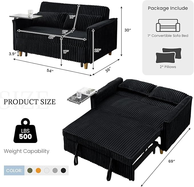 54'' Corduroy 3-in-1 Convertible Sofa Bed Pull Out Sleeper Loveseat Couch with USB Ports &amp Storage Pockets Futon Couches for Small Space Living Room Apartment (Black New)