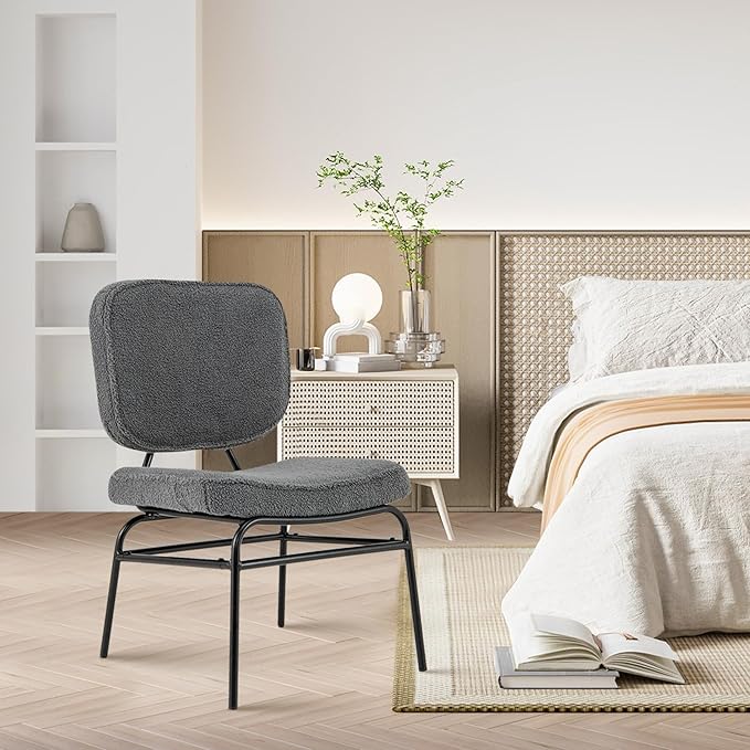 Giantex Modern Armless Accent Chair Set of 2 Sherpa Reading Chair w/Sponge Padding Adjustable Foot Pads &amp Metal Frame Upholstered Side Chair for Living Room Bedroom &amp Reading Room Grey