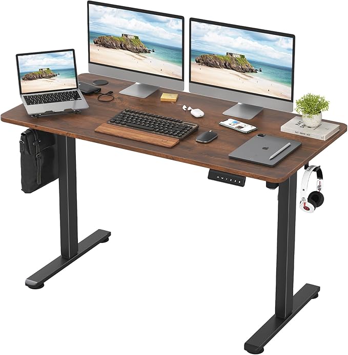 48x24 Inches Electric Standing Desk Adjustable Height Wooden Sit Stand Desk Electric Capacity 300lbs Sit to Stand up Standing Computer Desk with Hooks for Home Office (Reddish Brown 48x24 Inches)