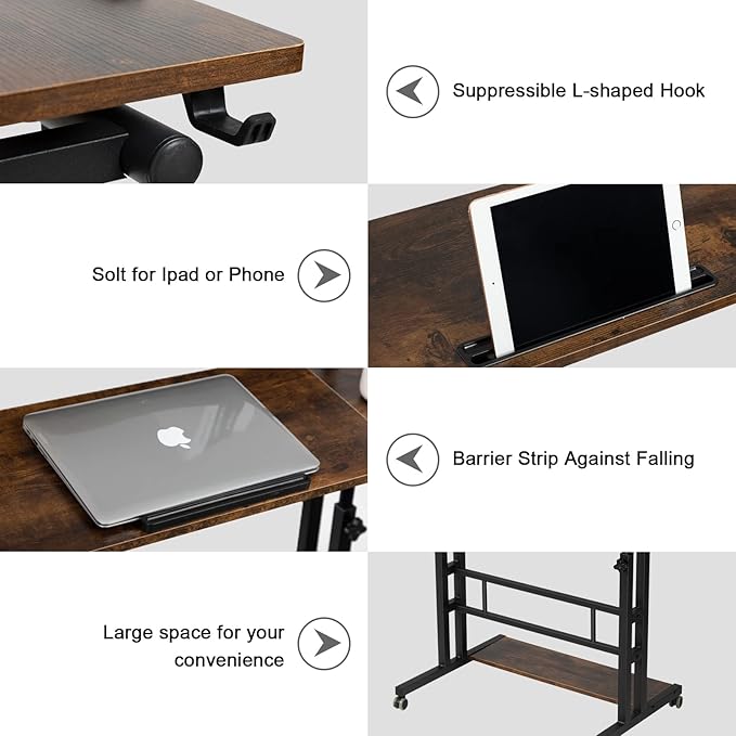Hadulcet Mobile Standing Desk Adjustable Height Rolling Desk Stand Up Desk Mobile Laptop Desk Rolling Computer Desk with Charging Station Portable Desk with Wheels Rustic Brown
