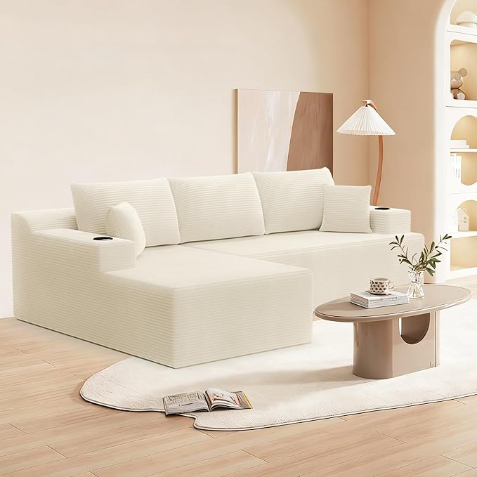 105 Modular Sectional Sofa L-Shaped Couch for Living Room Cloud Sofa with Deep Seat Memory Foam and Oversized Chaise Plush Corduroy Boneless Couches No Assembly Required White
