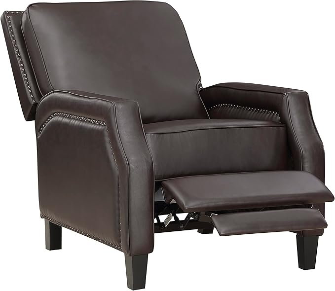 Lexicon Pushback Recliner Chair Faux Leather Armchair Push Back Recliner Nailhead Trim Solid Wood Legs Easy Assembly for Living Room/Office/Apartment Dark Brown