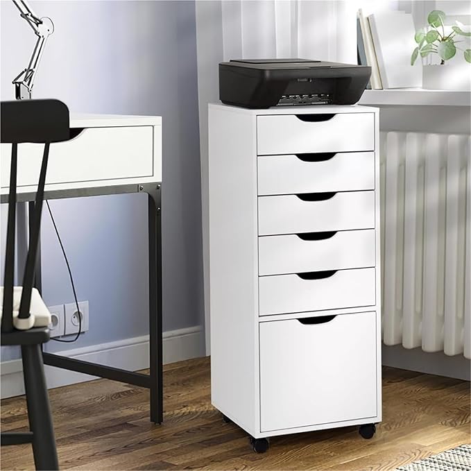 Mobile File Cabinets 5-Drawer Organizer with Bottom Cabinet Storage Tall Chest of Drawers with Caster Wheels for Home Office(White)