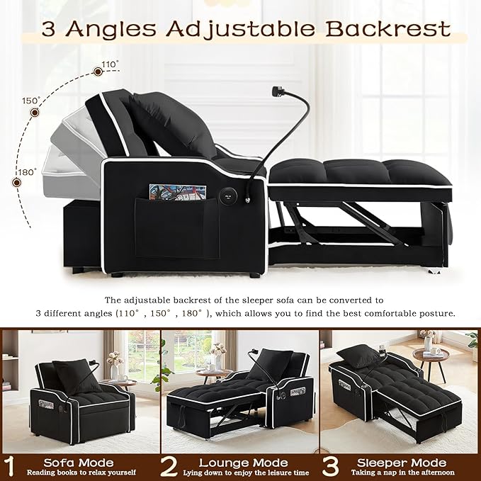 KINFFICT Sleeper Sofa Chair Bed Convertible 3-in-1 Sofa Armchair Adjustable Sleeper Chairs with Pullout Bed Single Lounger Futon with Side Pockets for Living Room (Black)