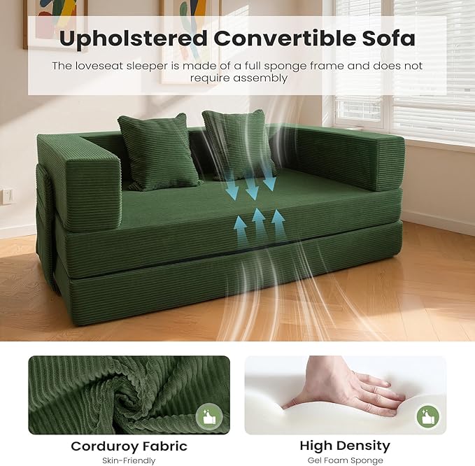 5‑in‑1 Futon Sofa Bed Queen– Floor Foldable Convertible Sofa Couch with L‑Shaped Armrests Removable Cover Green Convertible Guest Bed | Space‑Saving Fold‑Out Mattress Lounge for Living Room/Bedroom