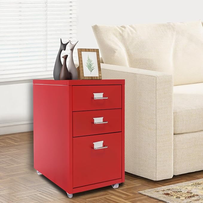3 Drawers File Cabinet 16 * 11 * 18.9In Aluminum Alloy Mobile Filing Cabinet Rolling Filing Cabinets Rectangular Storage Cabinets with Lock&amp4 Wheels for Kitchen Bedroom Living Room (Red)
