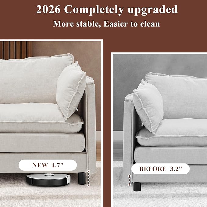 108 U Shaped Couch Comfy Cloud Modular Sectional Sofa with Movable Ottoman Deep Seat Chenille Modern Cloud Sofa Sectional Couches for Living Room Apartment (Beige 4 Seater with 1 Ottoman)